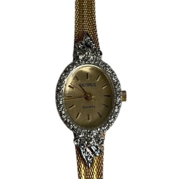 Vintage Benrus Gold Silver Mesh Oval Face Rhinestone Bow Accent Stainless Steel - Picture 3 of 11